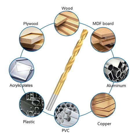 Image showing drill bit with materials it can drill: wood, MDF board, aluminum, copper, PVC, plastic, acrylic from Three Sixteenth to One Half Inch Drill Bit Set.