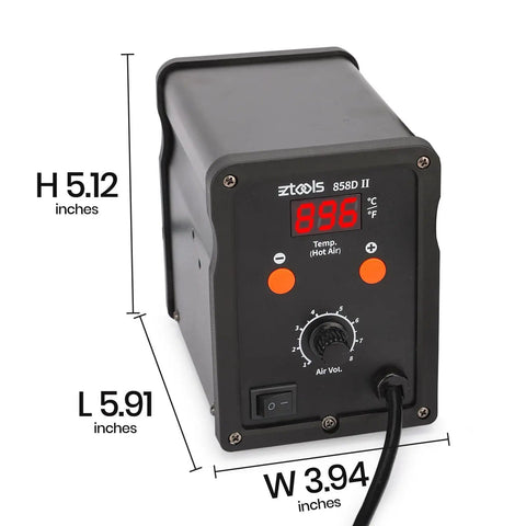 Front view of Pro Grade Hot Air Rework Station Kit With Three Nozzles 5mm 8mm 10mm, PID Temperature Control From 212F To 896F, showing dimensions