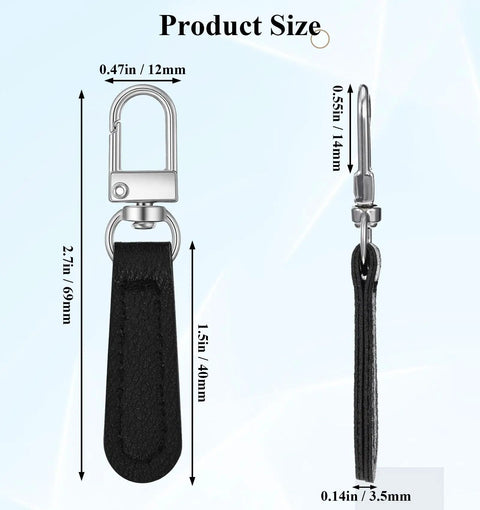 Leather Zipper Pulls Kit With Detachable Leather Handles 8 Pack Repair Tabs For Luggage Backpacks Suitcases Jackets And Handbags Upgrade Your Gear With Durable Black Leather Zipper Pulls showing product dimensions.