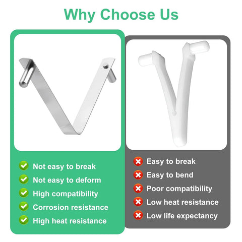 Comparison of stainless steel pool pole clips with push button butterfly clip set for quick tool changes and plastic alternative.