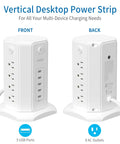 Front and back view of 8-Outlet Tower Surge Protector With USB Charging Station, 6-Foot Flat Plug Power Strip For Home Office