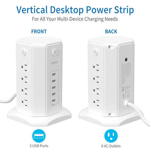 Front and back view of 8-Outlet Tower Surge Protector With USB Charging Station, 6-Foot Flat Plug Power Strip For Home Office