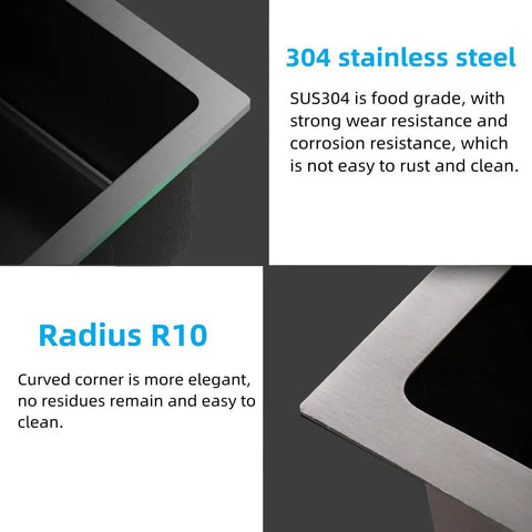 Close-up of the Stainless Steel Single Bowl Outdoor Bar Sink With Undermount Workstation Perfect For Your Outdoor Bar Setup And Prep Station Includes Strainer Waste Basket And Bottom Grid 17 x 19 x 9 Inches Black Finish highlighting 304 stainless steel properties and R10 radius corner.