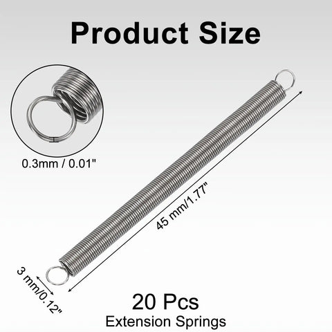 Super Cool 20 Pack Tiny 304 Stainless Steel Extension Springs For Heavy Duty Fixes No Rust Ever Lasts Long And Works Perfect Without Jamming, size 45mm.