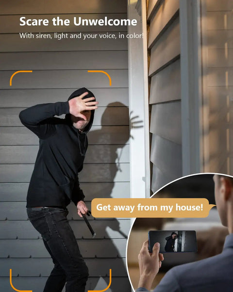Outdoor Indoor Security Cam 1080P 2.4Ghz WiFi Color Night Vision Spotlight IP65 Waterproof captures intruder with human detection.