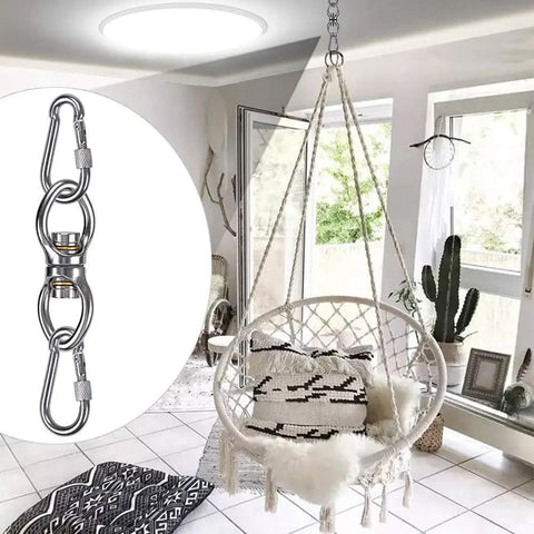 Silent Bearing Swing Swivel Hanger With 360 Degree Rotation in use with indoor hammock chair setup, close-up inset of stainless steel hardware.
