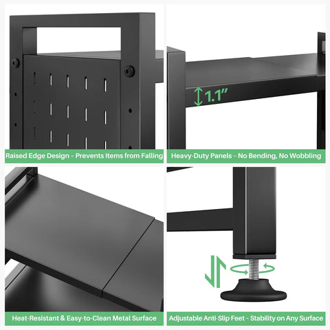 Heavy Duty Microwave Stand With Expandable 3 Tier Frame And Adjustable Height For Tight Kitchen Counters Nine Hanging Hooks And Cutting Board Rack Holds A Ton Up To 180 Pounds In Matte Black