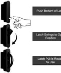 Diagram of Pocket Door Pull Swivel Handle With Concealed Hardware And Quick Install Kit in black, showing latch operation steps.