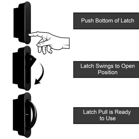 Diagram of Pocket Door Pull Swivel Handle With Concealed Hardware And Quick Install Kit in black, showing latch operation steps.