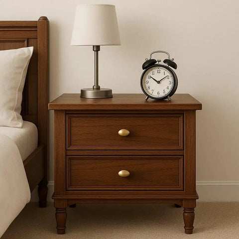 Wooden nightstand with two drawers, featuring oval champagne bronze cabinet knobs, next to bed and lamp.