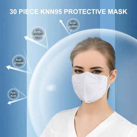Woman wearing mask, anti-pollen, 30 Pack KN95 Face Masks Individually Packed For Safe Everyday Use Five Layer Cup Design With Breathable Comfort