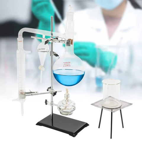 All In One 1000ml Distillation Kit With Glass Apparatus For Essential Oil Extraction And Water Distillation High Borosilicate Glassware With Iron Stand Pro Grade Lab Gear For Home Or School