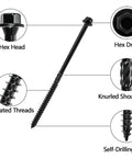 Tough As Nails Heavy Duty Structural Deck Screws Including Fifty Piece Set In Airtight Jar With Hex Bit featuring hex head and serrated threads.