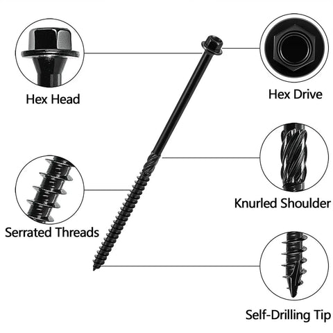 Tough As Nails Heavy Duty Structural Deck Screws Including Fifty Piece Set In Airtight Jar With Hex Bit featuring hex head and serrated threads.