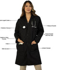 Model wearing Unisex Lab Coat For Work, Long Sleeve Medical Coat With Five Pockets And Pen Slot, Durable Poly Cotton Doctor Uniform, Sharp Hospital And Clinic Look, 38 Inch Black XL.