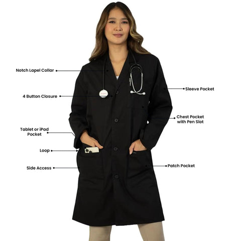 Model wearing Unisex Lab Coat For Work, Long Sleeve Medical Coat With Five Pockets And Pen Slot, Durable Poly Cotton Doctor Uniform, Sharp Hospital And Clinic Look, 38 Inch Black XL.