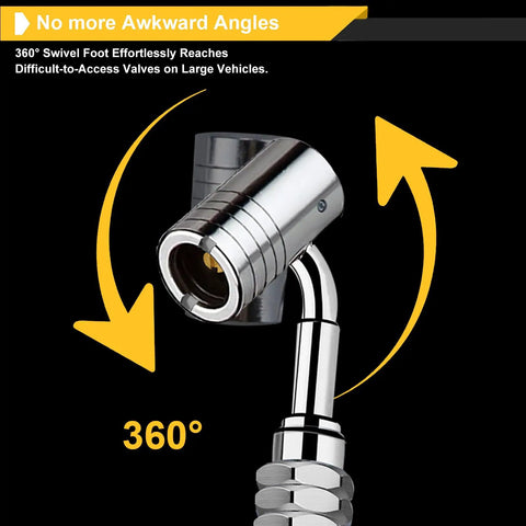 Close-up of 360-degree swivel Heavy Duty Large Bore Tire Gauge for big rigs and tractors, showing pivot feature for hard-to-reach valves.