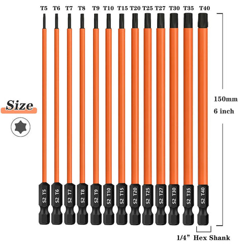 13-Piece Torx Bit Set For Impact Driver S2 Steel Magnetic Bits With Quarter Inch Hex Shank CNC Machined Tips T5 Through T40