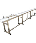 Side view of Electric PVC Belt Conveyor With Adjustable Speed Desktop Industrial Transport Unit Stainless Steel Frame With Double Guardrails 216 In By 11.8 In 370W 110V White.