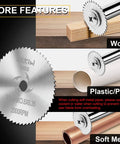 Close-up of HSS cutting disc from 8 Piece Rotary Drill Saw Blades Set with Hex and Round Shanks cutting wood, plastic, and metal