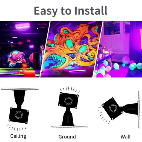 Two Pack 60W LED Black Light Bar With Remote For Glow Parties Easy setup illustration with ceiling, ground, and wall mounting.