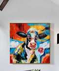 Cool Cow Portrait With Sunglasses Modern Hand Painted Textured Wall Art Framed Cow Head Floral Canvas bold black white red blue colorway.