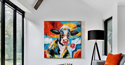 Cool Cow Portrait With Sunglasses Modern Hand Painted Textured Wall Art Framed Cow Head Floral Canvas bold black white red blue colorway.