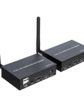 Hassle Free Wireless Kvm Extender With Hdmi No Wiring Headaches Quick Setup Sweet Long Range 1080P 60Hz Audio Video Transmitter Receiver Set showing remote and computer units.