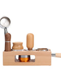 Top Shelf Wood Espresso Tamper Stand Fits 51Mm And 54Mm Tamps with various tools on natural wood organizer.