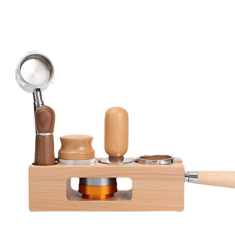 Top Shelf Wood Espresso Tamper Stand Fits 51Mm And 54Mm Tamps with various tools on natural wood organizer.