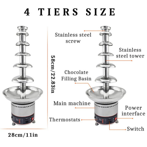 Heavy Duty Electric Chocolate Fountain Machine With Four Tiers For Quick Smooth Flow, stainless steel parts and dimensions labeled.