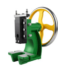 Beefy Professional Grade Manual Arbor Press Machine Anchored By A Solid Cast Iron Base Desktop Punch Stamping Tool in green and yellow.
