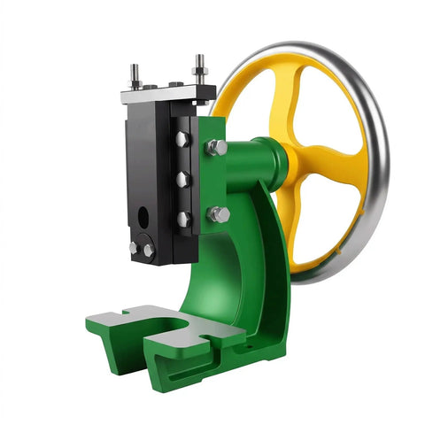 Beefy Professional Grade Manual Arbor Press Machine Anchored By A Solid Cast Iron Base Desktop Punch Stamping Tool in green and yellow.