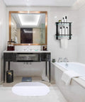 Modern bathroom with Bathroom Lavatory Glass Shower Shelf Two Tier With Towel Bar, Wall Mounted Storage, Matte Black Finish