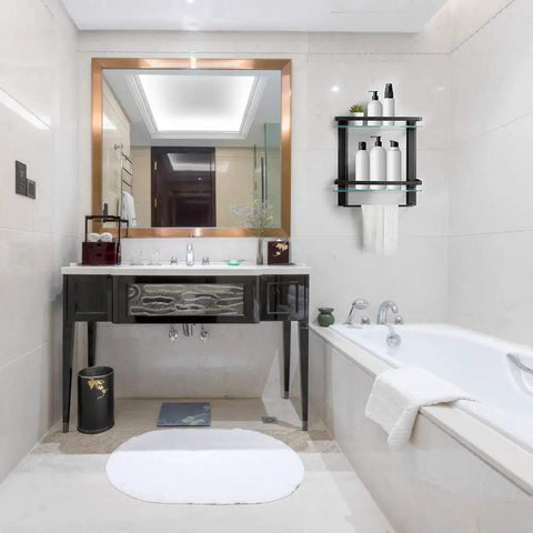 Modern bathroom with Bathroom Lavatory Glass Shower Shelf Two Tier With Towel Bar, Wall Mounted Storage, Matte Black Finish