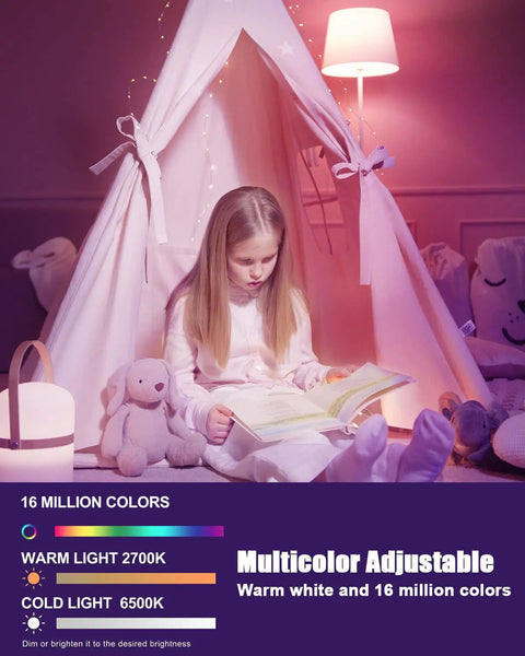 Girl reading in dimmable tent lit by smart RGB E12 base light bulb color changing with Alexa and Google Home 500 lumens