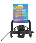 Rock Solid Black Quick Valve Cap With Fat Grip Handle For RV Camper Trailer Water Line Seal Easy Twist Action, top view.