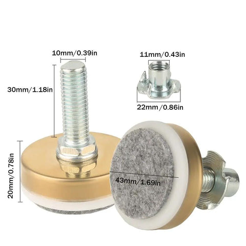 Heavy Duty Furniture Leveling Feet With 1.69 Inch Base And M10 Thread 1102 Lb Capacity Per Leg 8 Pack Gold Non Slip Base For Tables Chairs Cabinets Sofas Desks Riser Durable Steel And Nylon Construction For Long Lasting Use And Floor Friendly Glide