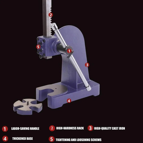 Heavy Duty Cast Iron Arbor Press Rock Solid Benchtop Manual Punch Tool Press features labor-saving handle and sturdy base.