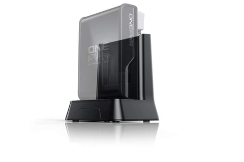 ONEPWR Battery Charger for Hoover Cordless Tools and Vacuums with Temperature Control on a glossy black base, angled view.