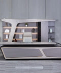 Spacious Executive Computer Desk Crafted From Legit Solid Wood With Sleek Lacquer Finish Adjustable Standing Workstation side view in modern setting.