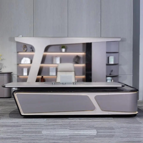 Spacious Executive Computer Desk Crafted From Legit Solid Wood With Sleek Lacquer Finish Adjustable Standing Workstation side view in modern setting.