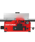 Craftsman benchtop jointer with red body, aluminum infeed table, features 10 Amp motor for woodworking, 22,000 cuts per minute.