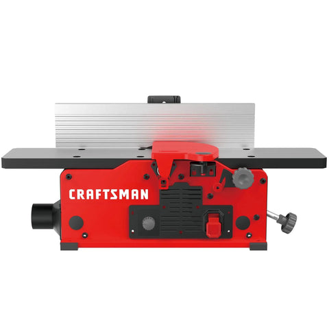 Craftsman benchtop jointer with red body, aluminum infeed table, features 10 Amp motor for woodworking, 22,000 cuts per minute.