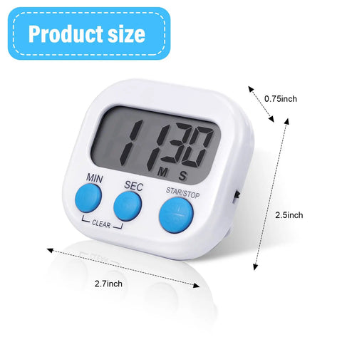 Bulk 12 Pack Digital Kitchen Timers With Magnetic Mounts, count up and countdown, large digits shown with size dimensions in inches