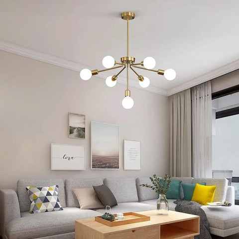 Living room with Gold Sputnik 7-Light Modern Pendant Chandelier With Deformable Arms, mid-century brass fixture, adjustable height ceiling mount.