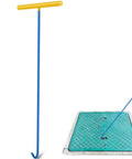 Beefy 30 Inch Heavy Duty Manhole Cover Hook With Three Eighths Inch Steel Handle shown lifting a manhole cover, blue handle and yellow grip.
