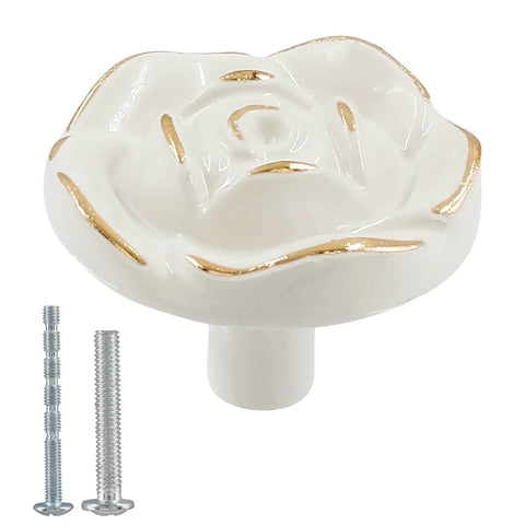 Ivory White Rose Flower Cabinet Pulls 8 Pack With 8 Mounting Screws Vintage Style Kitchen Drawer Knobs Gold Finish