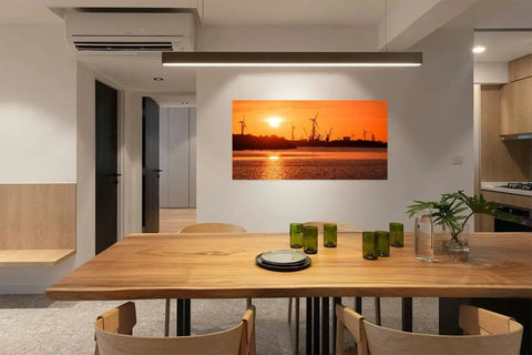 Industrial Landscape Canvas Wall Art With Silhouettes Of Buildings And A Wind Turbine By A River Dope Large 20X40 Framed Print For Living Room