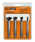 Super Tough 4 Piece Forstner Bit Set With 3/8 Inch Shank Built From Hardened Alloy Steel For Drill Presses Delivering Dang Sharp Flat Bottom Woodwork, displayed in packaging.
